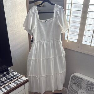 Chic White Midi Dress with Smocked Bodice